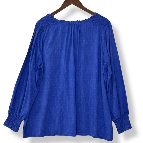 Talbots 2X Plus Blue Textured Smocked Blouse Cotton Viscose Coastal Swiss Dot - Picture 2 of 12